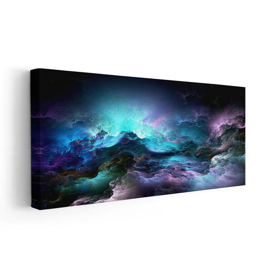 Galaxy-inspired blue mist — radiant large canvas wall art combining black depth and teal glow, ideal for modern minimalist homes.