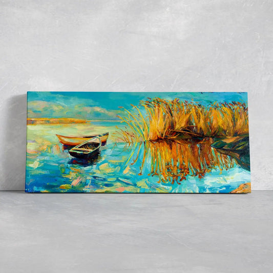 Peaceful boats on a golden lake canvas wall art for living room wall art, soft reflections and calm water create a relaxing mood