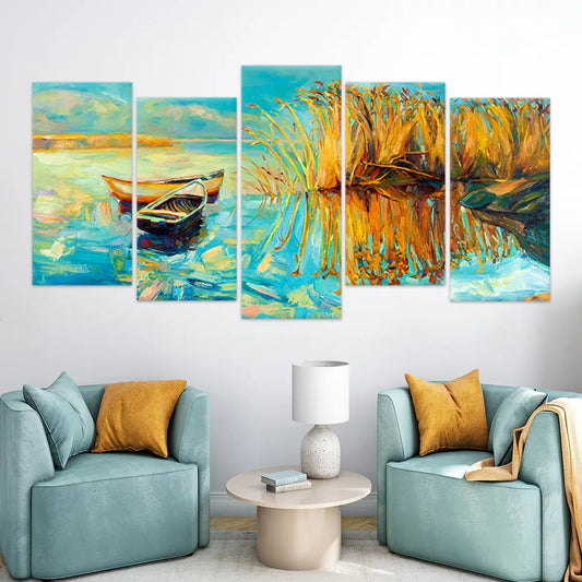 Modern lakeside boats with autumn reeds — large canvas wall art, warm blues and gold tones enhance modern interior decor