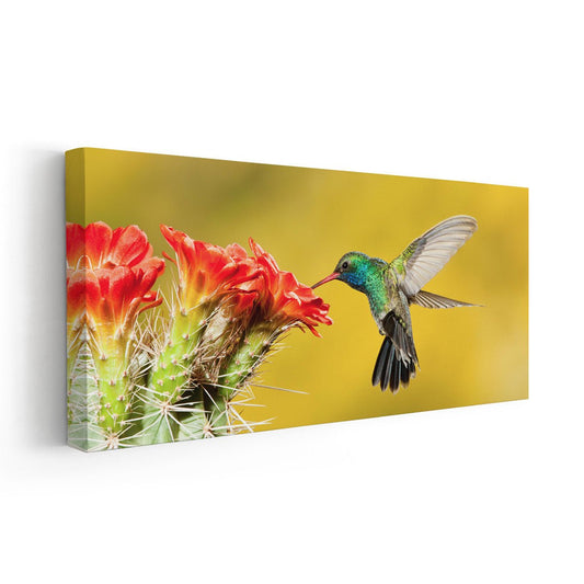 Vibrant hummingbird with red blossoms — large canvas wall art ideal for bedroom décor, bringing inspiring tropical warmth and energetic contrast.