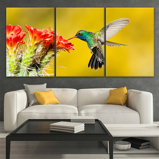 Green hummingbird canvas wall art for living room décor, adding uplifting color and modern wildlife charm to brighten any contemporary space.