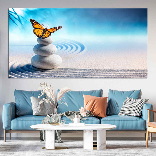 Modern zen butterfly balance scene — large canvas wall art, minimalist stones and soft sky colors inspiring tranquility