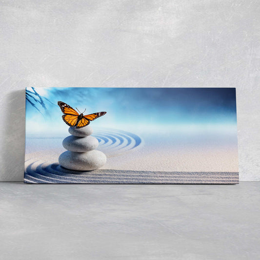 Butterfly resting on stacked zen stones canvas wall art for living room, peaceful ripples and blue tones creating calm decor