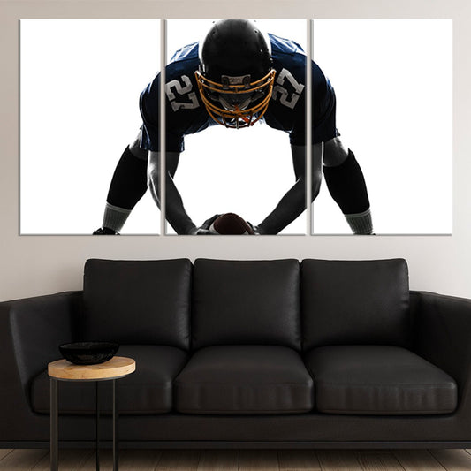 Football player stance canvas wall art for living room decor, adding inspiring athletic intensity for fans wanting bold sports-themed walls