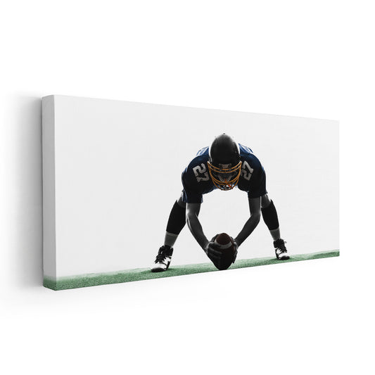 American football lineman in modern palette — large canvas wall art ideal for a motivating bedroom space with strong athletic contrast