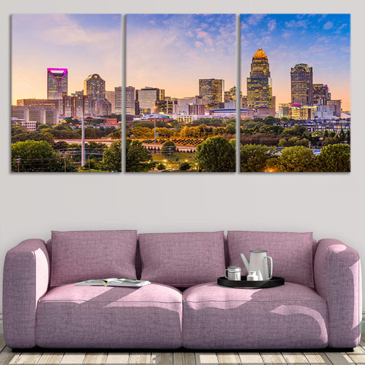 Charlotte skyline at sunset — modern canvas wall art for living room featuring golden light tones and inspiring North Carolina view.