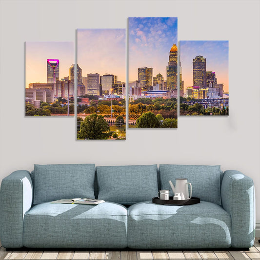 Charlotte skyline — contemporary canvas wall art for office highlighting soft purple sky and elegant architectural skyline design.