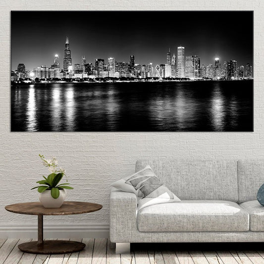 Chicago skyline at night in black and white — modern canvas wall art for living room with inspiring minimalist appeal.