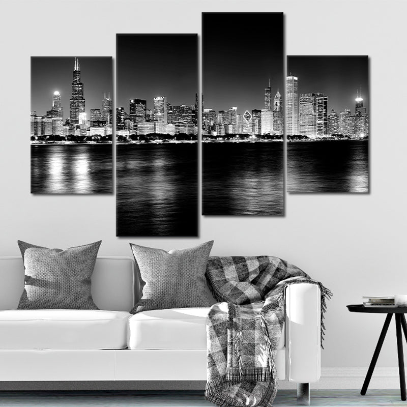 Chicago Skyline Black and White Multi Panel Canvas Wall Art 1 piece