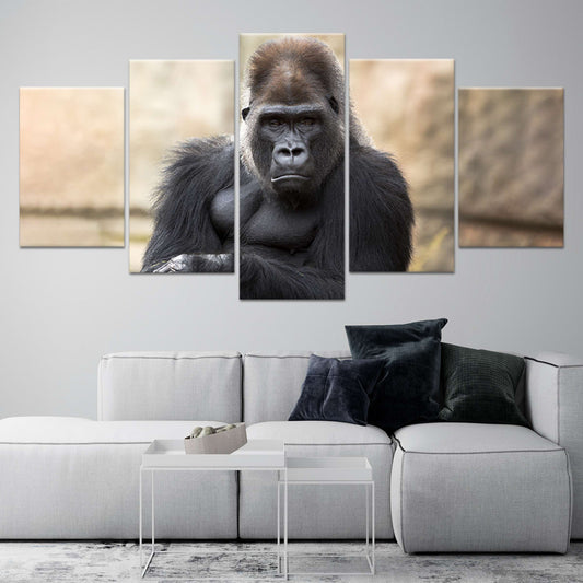 Gorilla portrait canvas wall art for living room décor, adding a bold wildlife presence and a calming neutral palette to modern home interiors