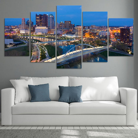 Downtown Columbus cityscape — large canvas wall art for bedroom showcasing peaceful skyline tones and sleek modern design décor.