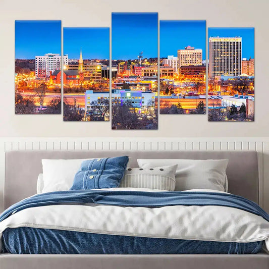Downtown Colorado Springs — modern canvas wall art with deep blue and gold tones, perfect for adding energy to office décor.