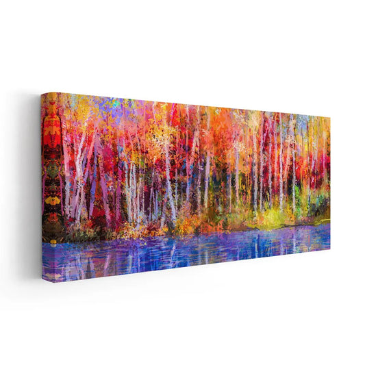 Colorful autumn forest — vibrant canvas wall art for living room décor, filled with warm red, orange, and golden tones.