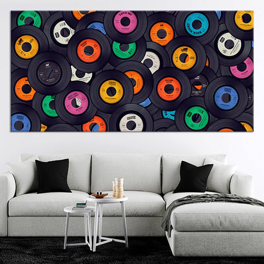Colorful vinyl records canvas wall art for living room adds uplifting retro music energy and bold décor perfect for modern housewarming gifts