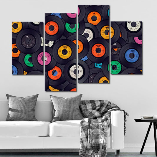Retro vinyl collection in vibrant abstract tones — large canvas wall art for bedroom creates inspiring artistic atmosphere for music lovers