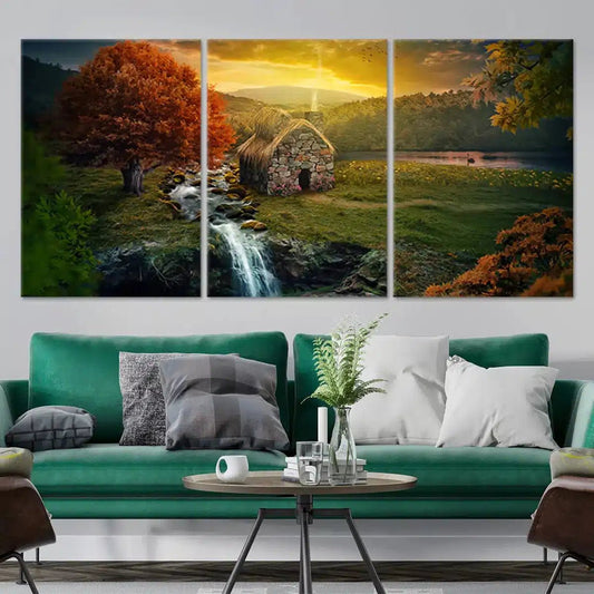 Rock cabin at sunrise canvas wall art for living room, creating a peaceful rustic atmosphere with warm tones and inviting countryside charm