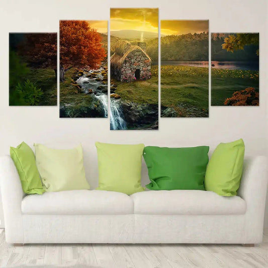 Mountain cottage scene large canvas art, golden sunset palette adding uplifting warmth to bedroom décor with serene natural landscape vibes
