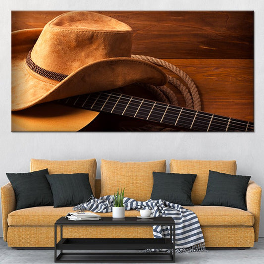 Cowboy hat resting on acoustic guitar canvas wall art for living room wall art, rustic wood tones create a peaceful country mood