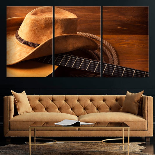 Rustic country guitar still life — large canvas wall art, warm brown hues and soft lighting for calming farmhouse decor