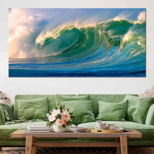 Rolling sea swell — coastal canvas print with foamy crest and sunlight glow, dynamic surf wall art for bedroom or seaside interiors