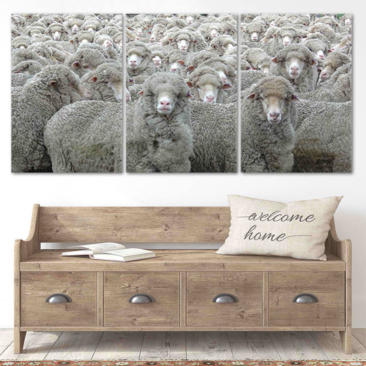 Flock of sheep canvas wall art for living room décor, bringing calming farmhouse charm and peaceful rustic warmth to modern country-style interiors.