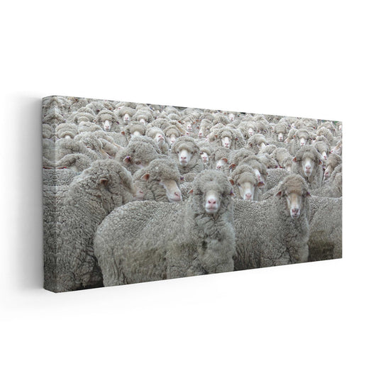 Woolly sheep group in soft gray tones — large canvas wall art perfect for bedroom décor, adding a serene and comforting farmhouse vibe.
