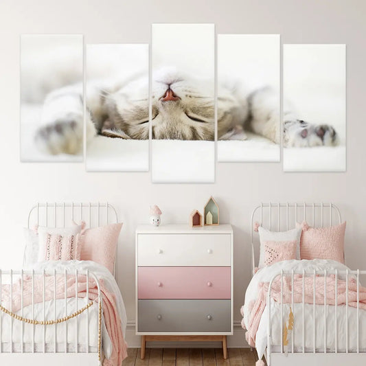 Sleeping cat — large canvas wall art for nursery, peaceful beige tones bringing calm and warmth to children’s bedroom or baby décor.
