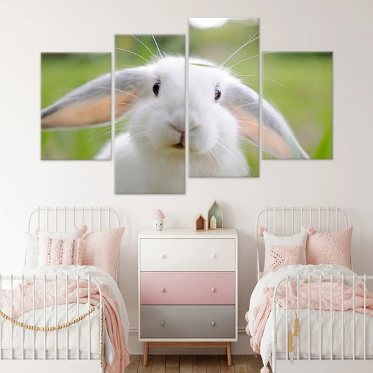 Cute bunny rabbit painting — large canvas wall art for nursery, peaceful pastel tones bringing warmth and charm to baby’s room décor.