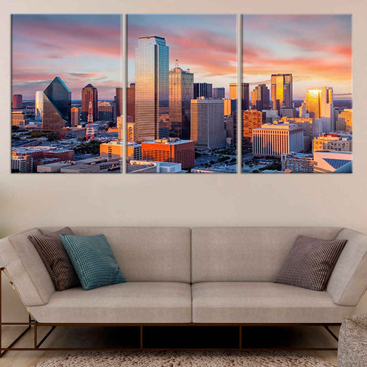 Dallas skyline at sunset — modern canvas wall art with warm tones, perfect for brightening and inspiring living room decor.