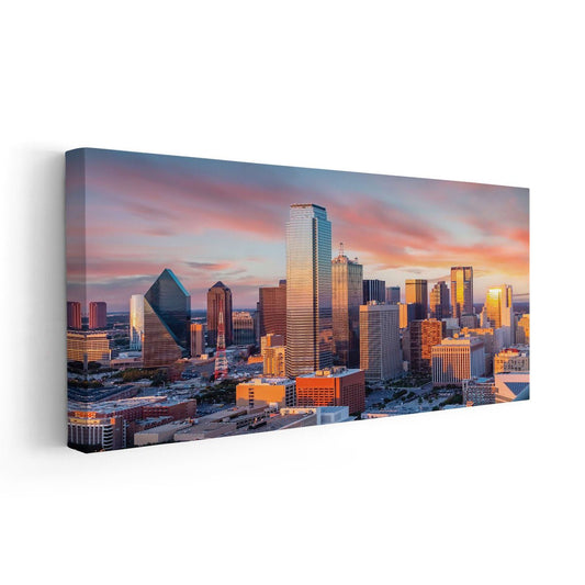 Downtown Dallas Texas skyline — large canvas wall art in sunset palette, ideal for bedroom or modern apartment interiors.