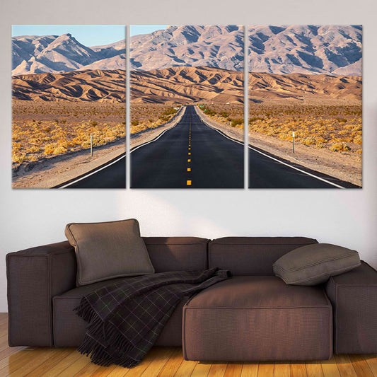 Golden desert roadway — Large canvas art with warm earthy tones, ideal for calming bedroom décor and adding depth to minimalist spaces