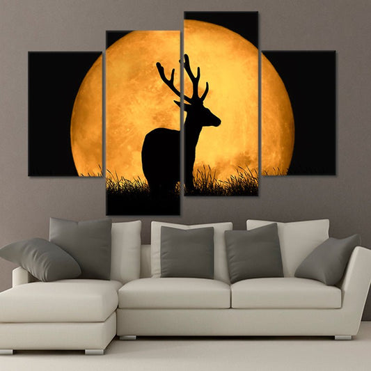Moose silhouette against full moon — large canvas wall art for living room, rustic wildlife décor with warm amber and black tones.