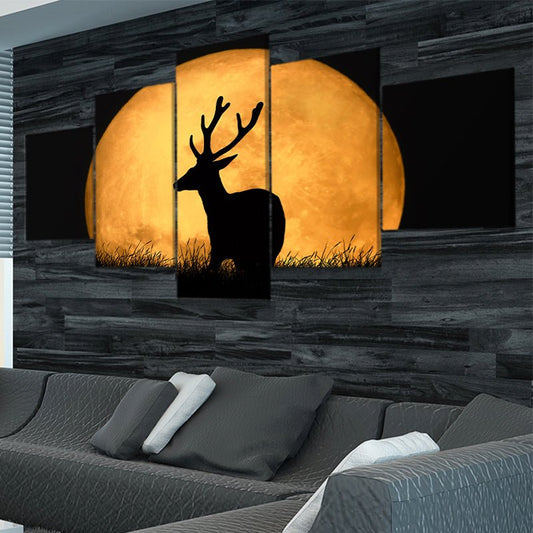 Deer silhouette in moonlight — modern canvas wall art, peaceful woodland scene ideal for cabin or farmhouse-style bedroom décor.