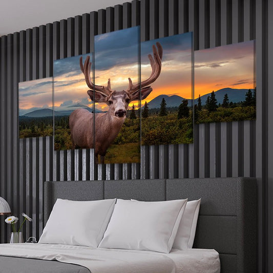 Deer silhouette in evening light — modern canvas wall art, inspiring outdoor landscape adding serenity to bedroom or cabin interiors.
