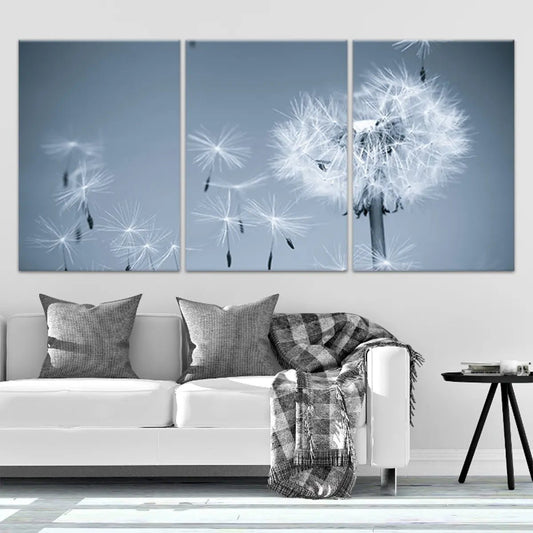 Modern floral dandelion silhouette — large canvas wall art, soft blue tones and delicate motion for serene interiors