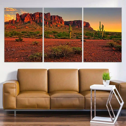 Red rock Arizona desert at golden hour — modern canvas wall art with warm rustic palette ideal for creating calming energy in bedroom décor