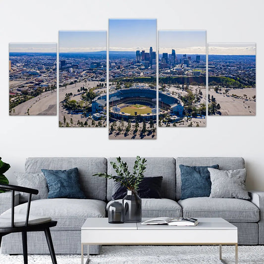 Dodger Stadium aerial view — modern canvas wall art for living room, blue sky tones creating inspiring sports fan atmosphere.