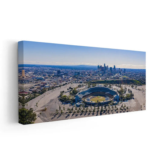 Baseball stadium panorama — large canvas wall art capturing Los Angeles skyline, ideal for man cave or game room decor.