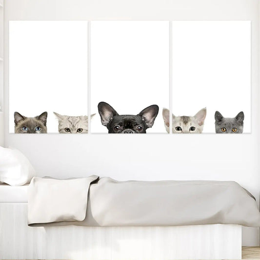 Cute dog and cat heads — modern canvas wall art for nursery, playful minimalist style adding joy and warmth to children’s rooms.