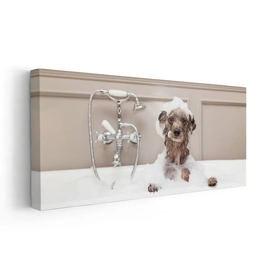 Cute puppy in bathtub — modern canvas wall art, beige minimalist tones perfect for cozy nursery or uplifting children’s bedroom décor.