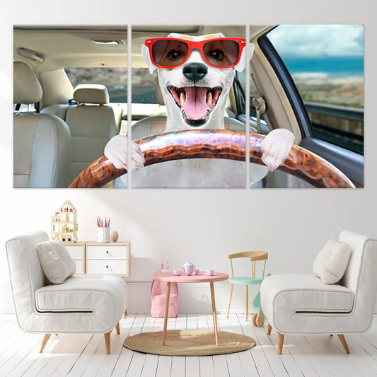 Cute driving dog — large canvas wall art for kids’ room, joyful pet-themed design bringing fun and laughter to modern home décor.