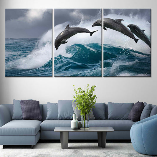 Leaping dolphins — modern canvas wall art for living room, inspiring ocean energy and tranquil coastal charm with turquoise sea waves.