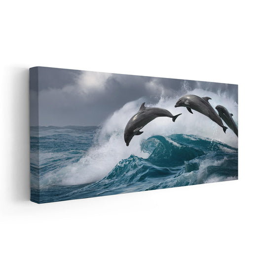 Jumping dolphins — large canvas wall art, coastal seascape scene evoking joy and motion, perfect centerpiece for beach-inspired décor.