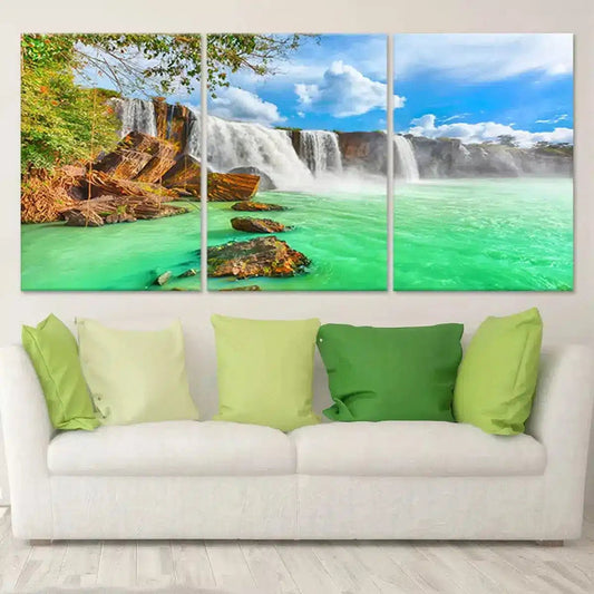 Tropical turquoise falls — large canvas art with warm rocky accents, perfect for bedroom spaces needing a calming uplifting mood