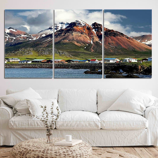 Colorful East Fjords peaks with bright village homes — large canvas wall art ideal for inspiring a serene focal point in any space