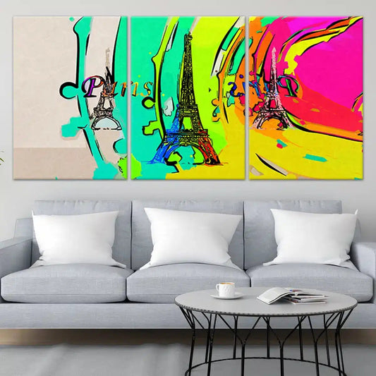 Vibrant Eiffel Tower painting — modern canvas wall art, colorful abstract style brightening any contemporary living room décor.