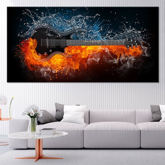 Flaming electric guitar canvas wall art for living room brings bold inspiring energy and dramatic fiery style perfect for modern housewarming décor