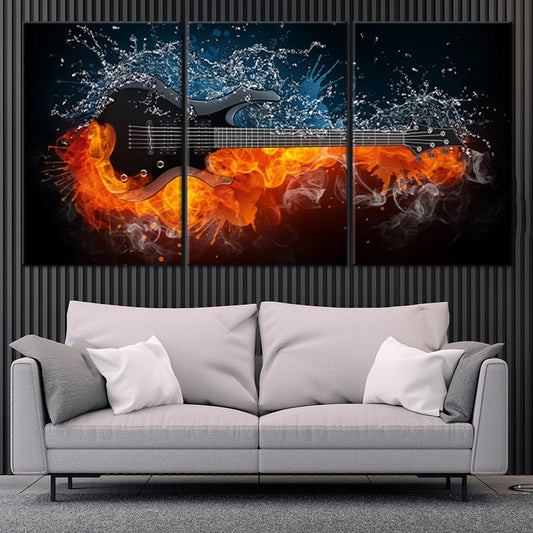 Fiery guitar artwork in abstract palette — large canvas wall art for bedroom adds uplifting musical intensity and vibrant flames to creative spaces