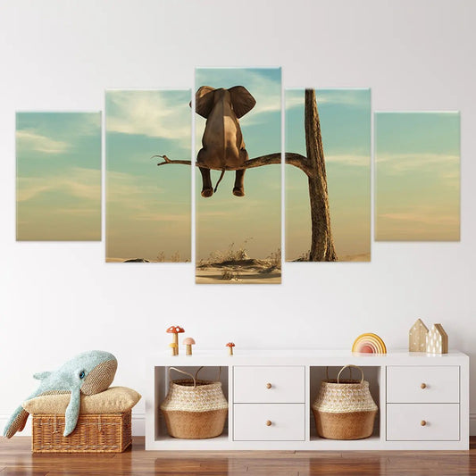 Elephant sitting on tree — large canvas wall art for nursery, uplifting animal-themed décor inspiring imagination and adventure.