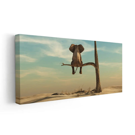 Playful elephant on branch — modern canvas wall art, soft sky tones creating a joyful and calming vibe for children’s bedroom décor.